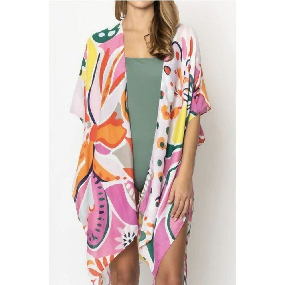 Tropical Floral Print Open Front Kimono with Tassel Fringe - Picture 2 of 7